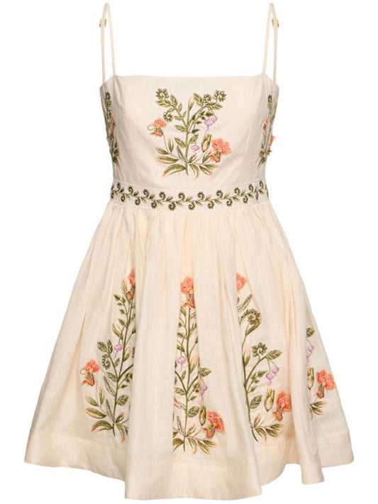 Floral Embroidered Linen Mini Dress in cream with intricate floral designs