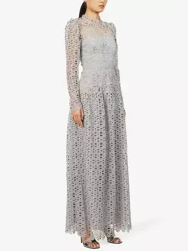 Floral-Embroidered Semi-Sheer Lace Gown in Gray - Dresses