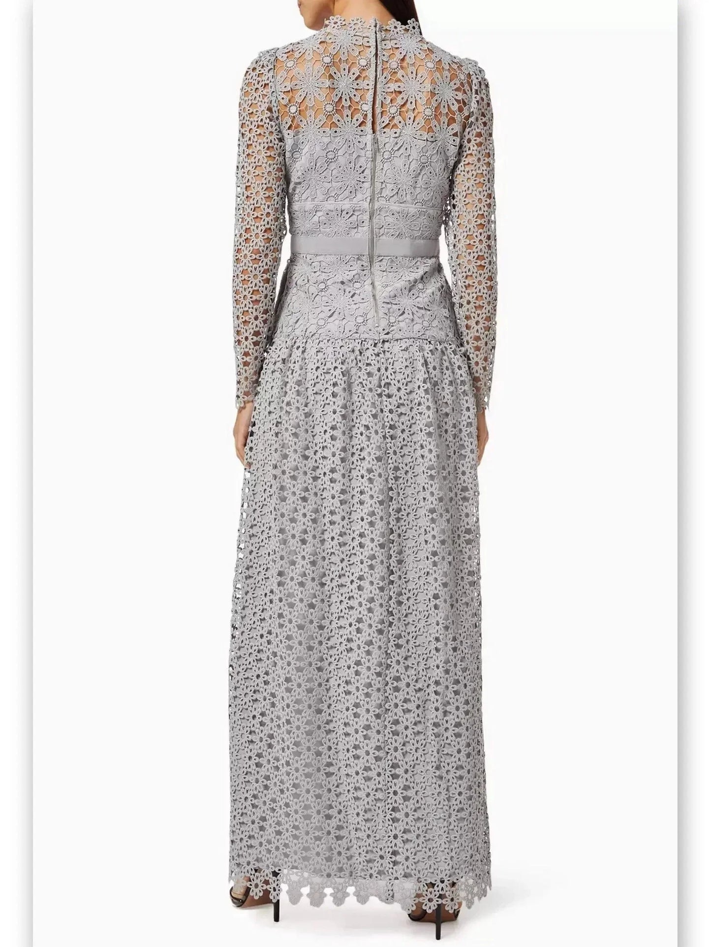 Floral-Embroidered Semi-Sheer Lace Gown in Gray - Dresses