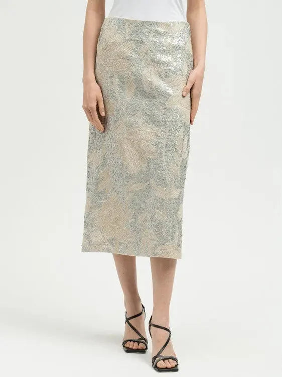 Floral-Embroidered Sequin Midi Skirt - Skirts