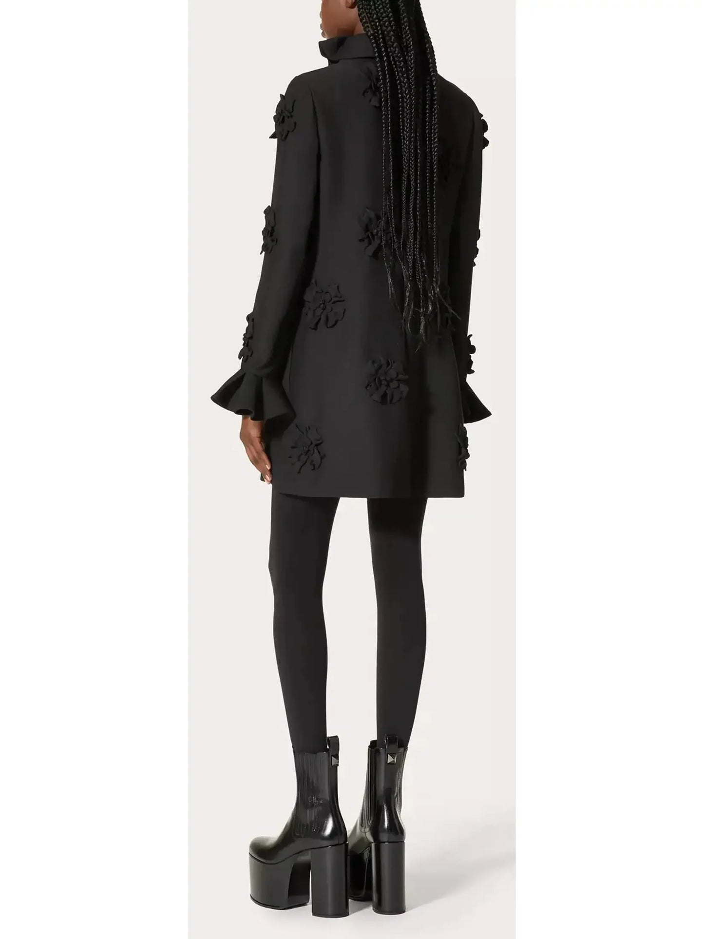 Floral-Embroidered Short Crepe Dress in Black - Dresses