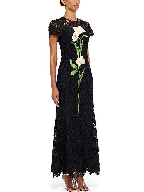 Floral Embroidery Black Lace Dress featuring a black lace maxi design with floral embellishment