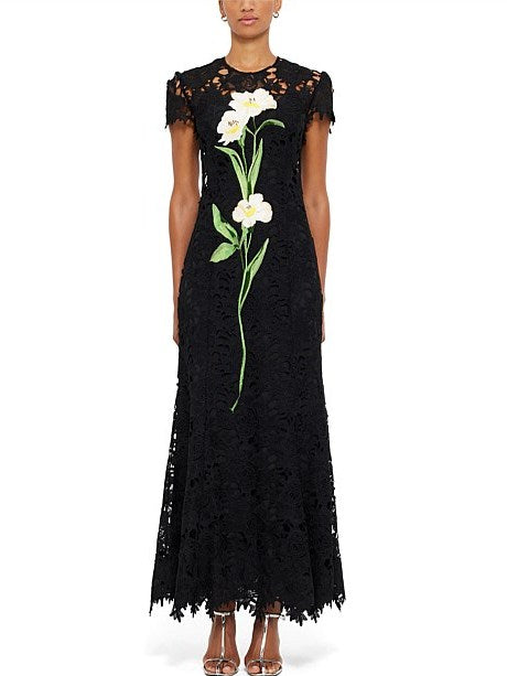 Floral Embroidered Black Lace Dress for Timeless Elegance