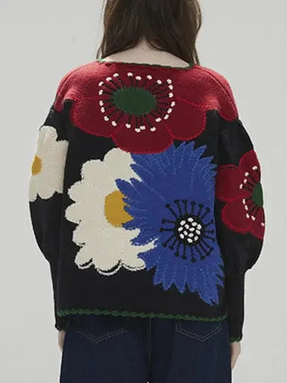 Floral-Embroidery Vintage Cardigan Sweater - Sweaters & Knitwear
