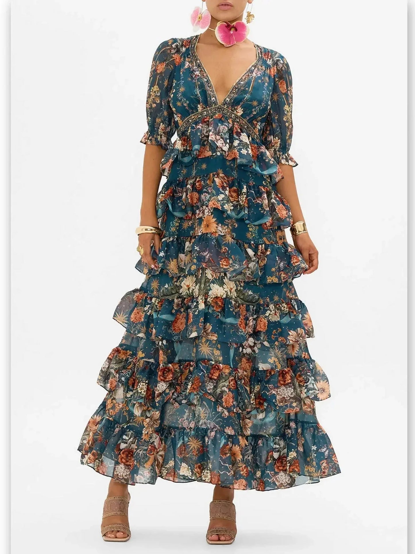 Floral Garden-Print Puff Sleeve Tiered Skirt Long Dress - Dresses