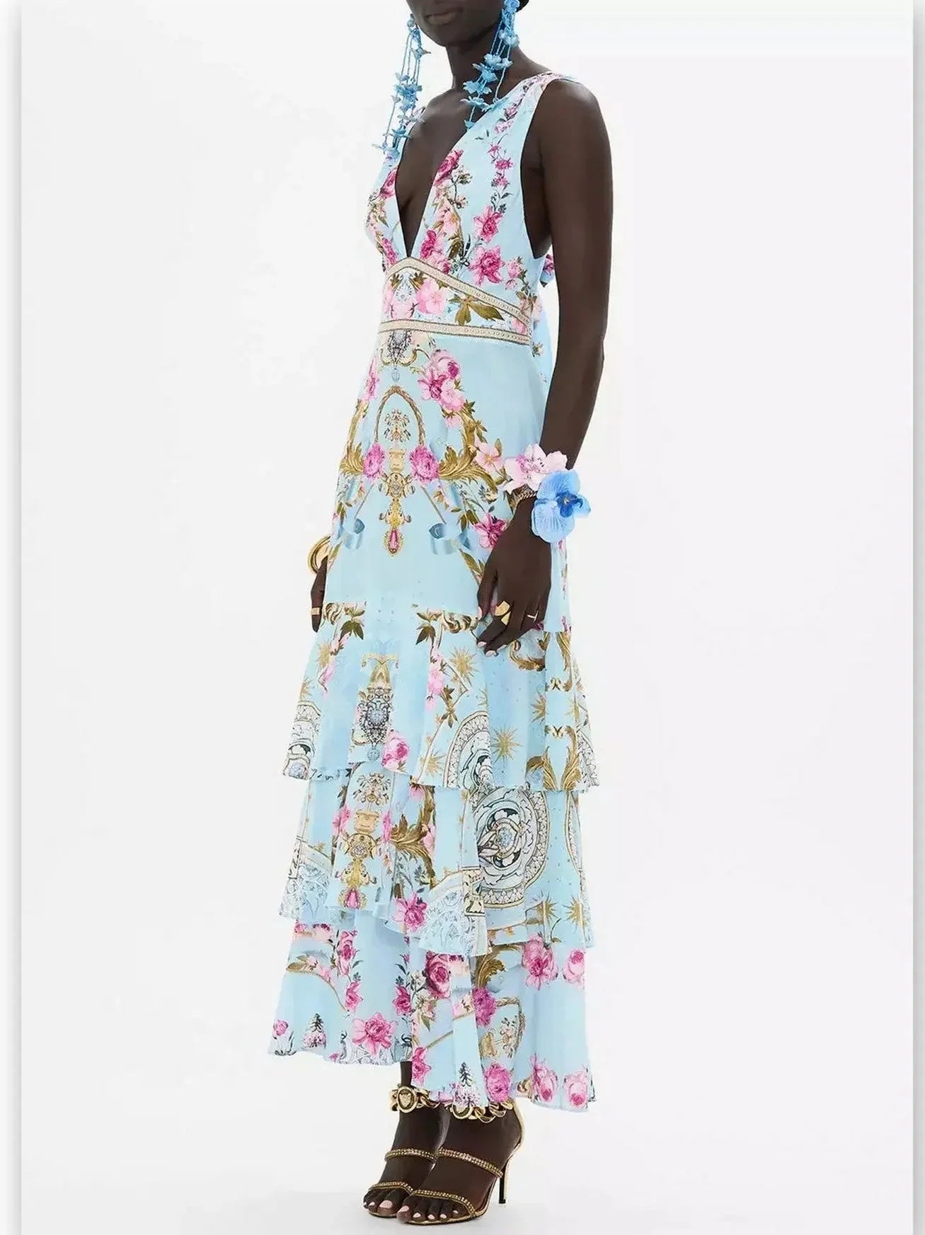 Floral Garden Print Tiered Ruffle Hem Silk Dress in Blue - Dresses