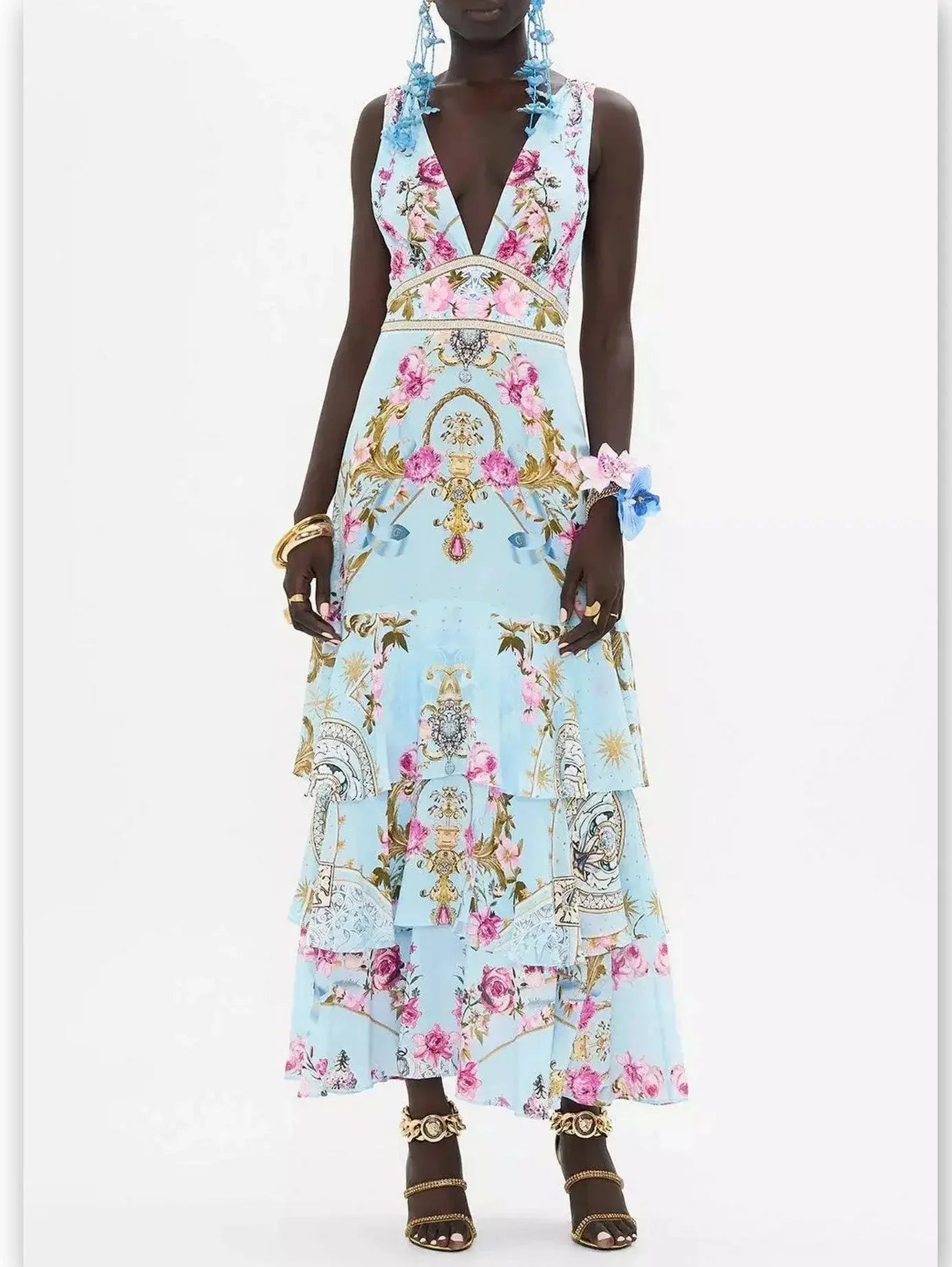 Floral Garden Print Tiered Ruffle Hem Silk Dress in Blue - Dresses