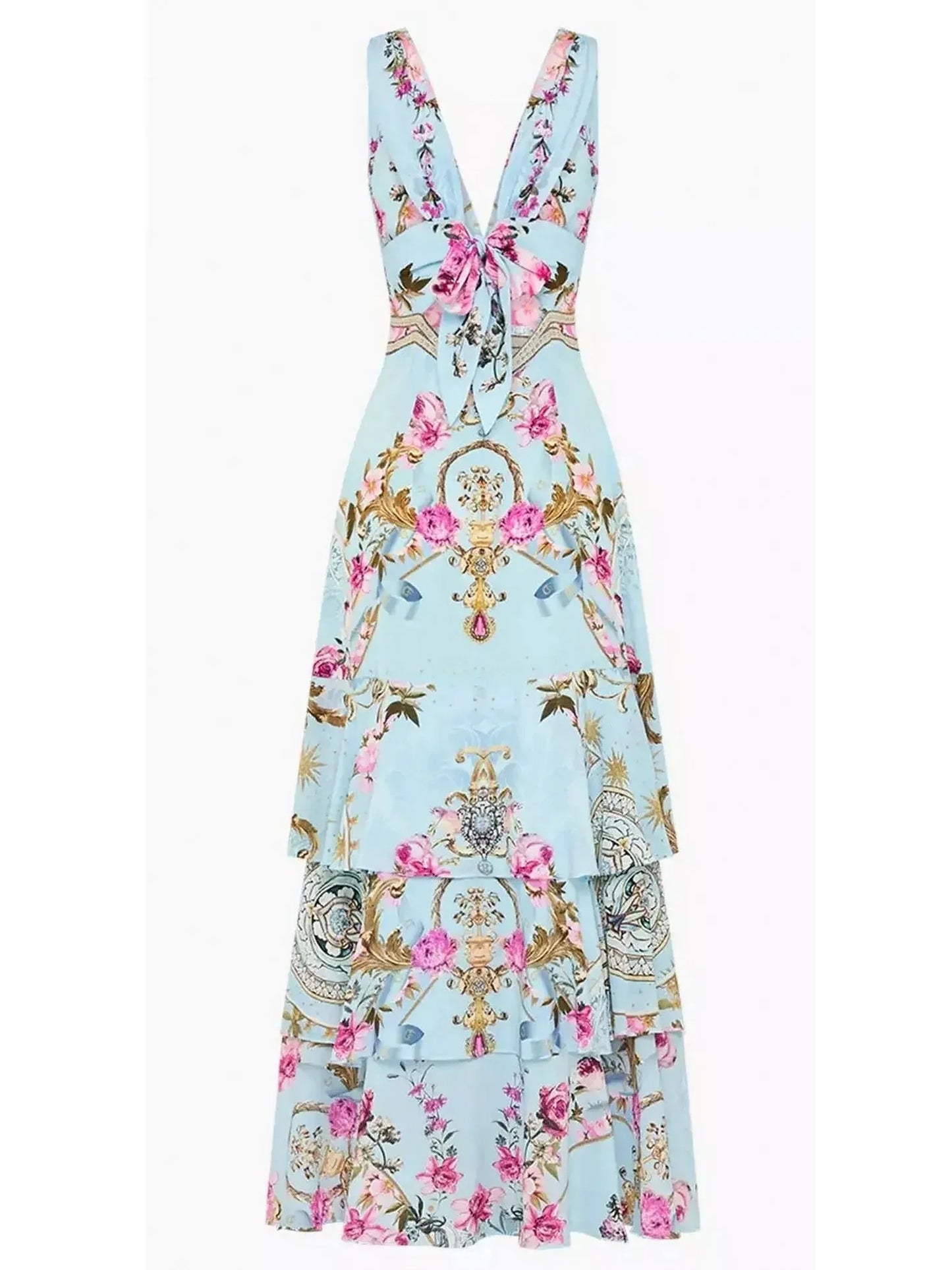 Floral Garden Print Tiered Ruffle Hem Silk Dress in Blue - Dresses