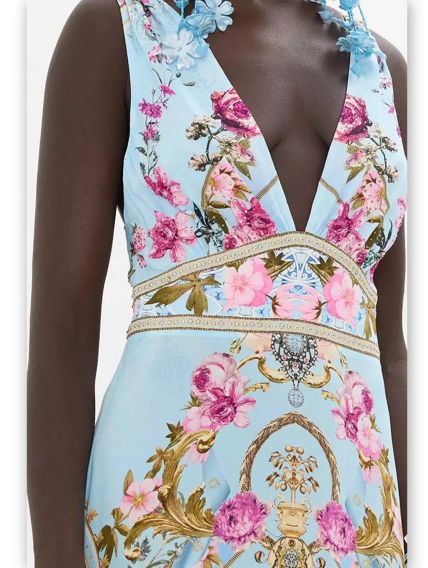 Floral Garden Print Tiered Ruffle Hem Silk Dress in Blue - Dresses