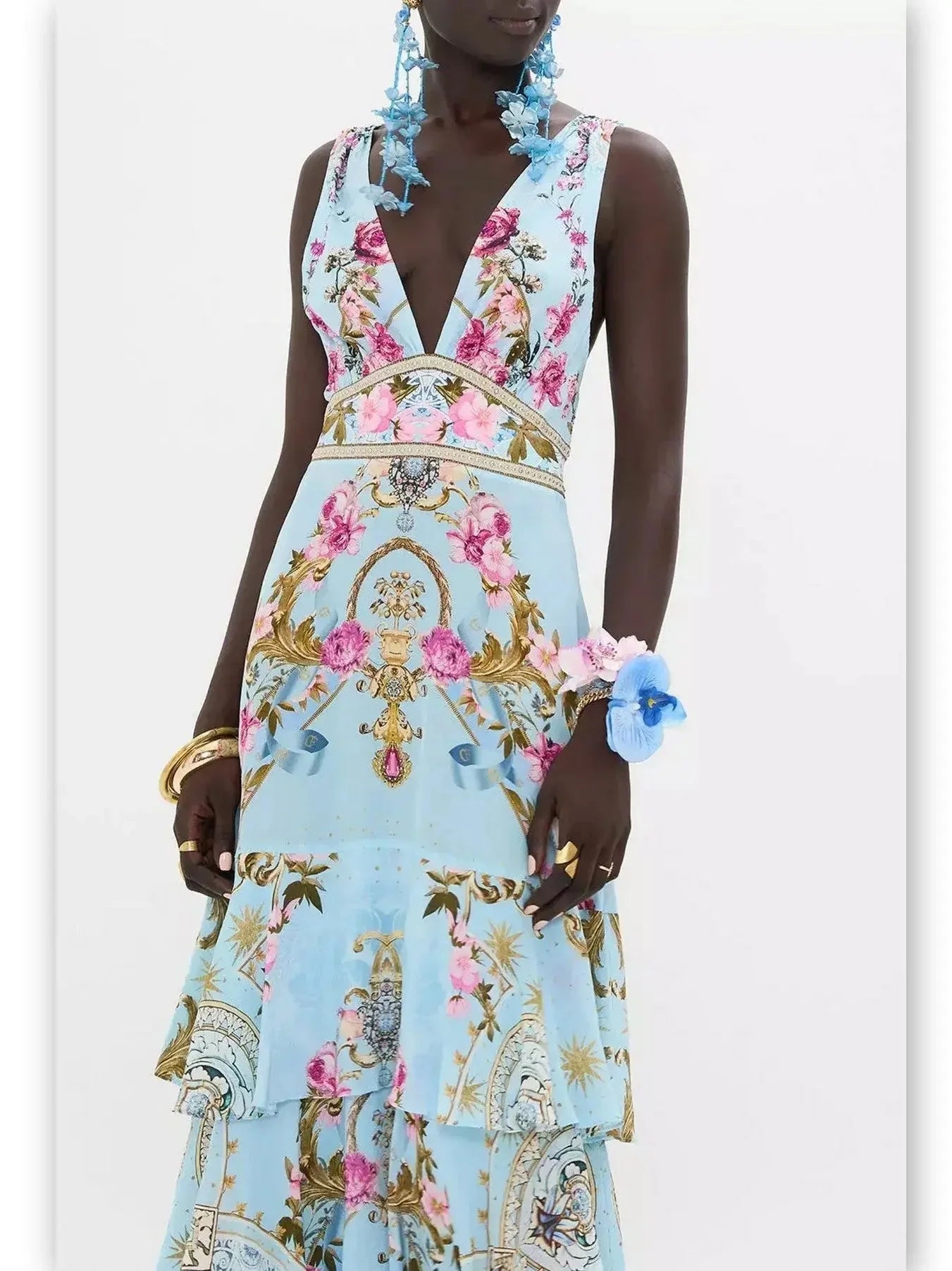 Floral Garden Print Tiered Ruffle Hem Silk Dress in Blue - Dresses