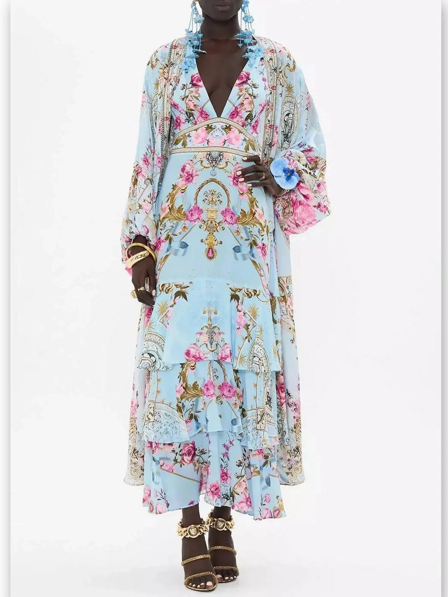 Floral Garden Print Tiered Ruffle Hem Silk Dress in Blue - Dresses