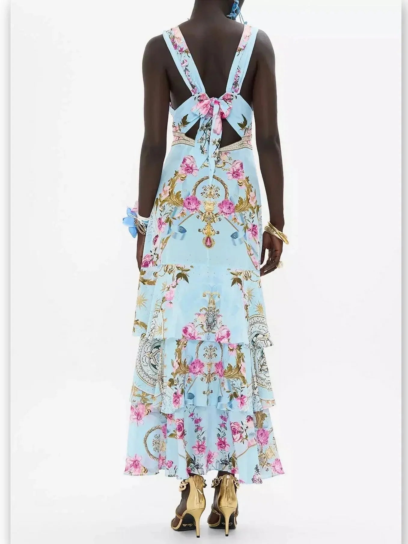 Floral Garden Print Tiered Ruffle Hem Silk Dress in Blue - Dresses