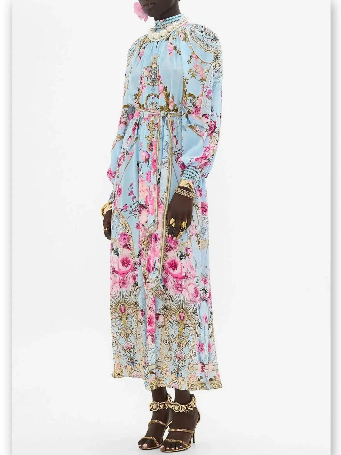 Floral Garden Printed Silk Light Blue Midi Dress - Dresses