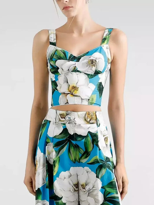 Floral Gardenia Print Cotton Corset Top - Tops