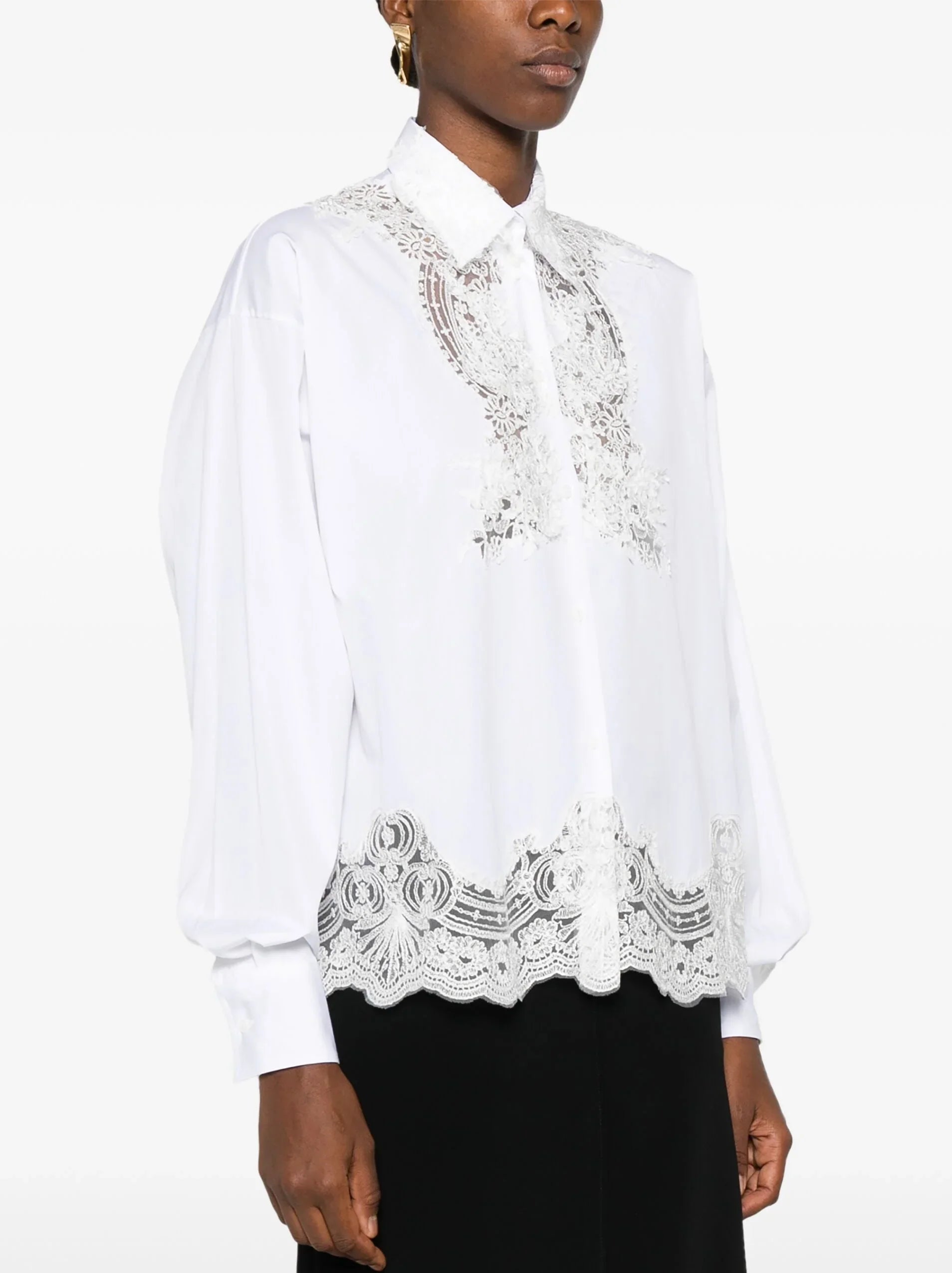 Floral Lace White Cotton Shirt - Tops
