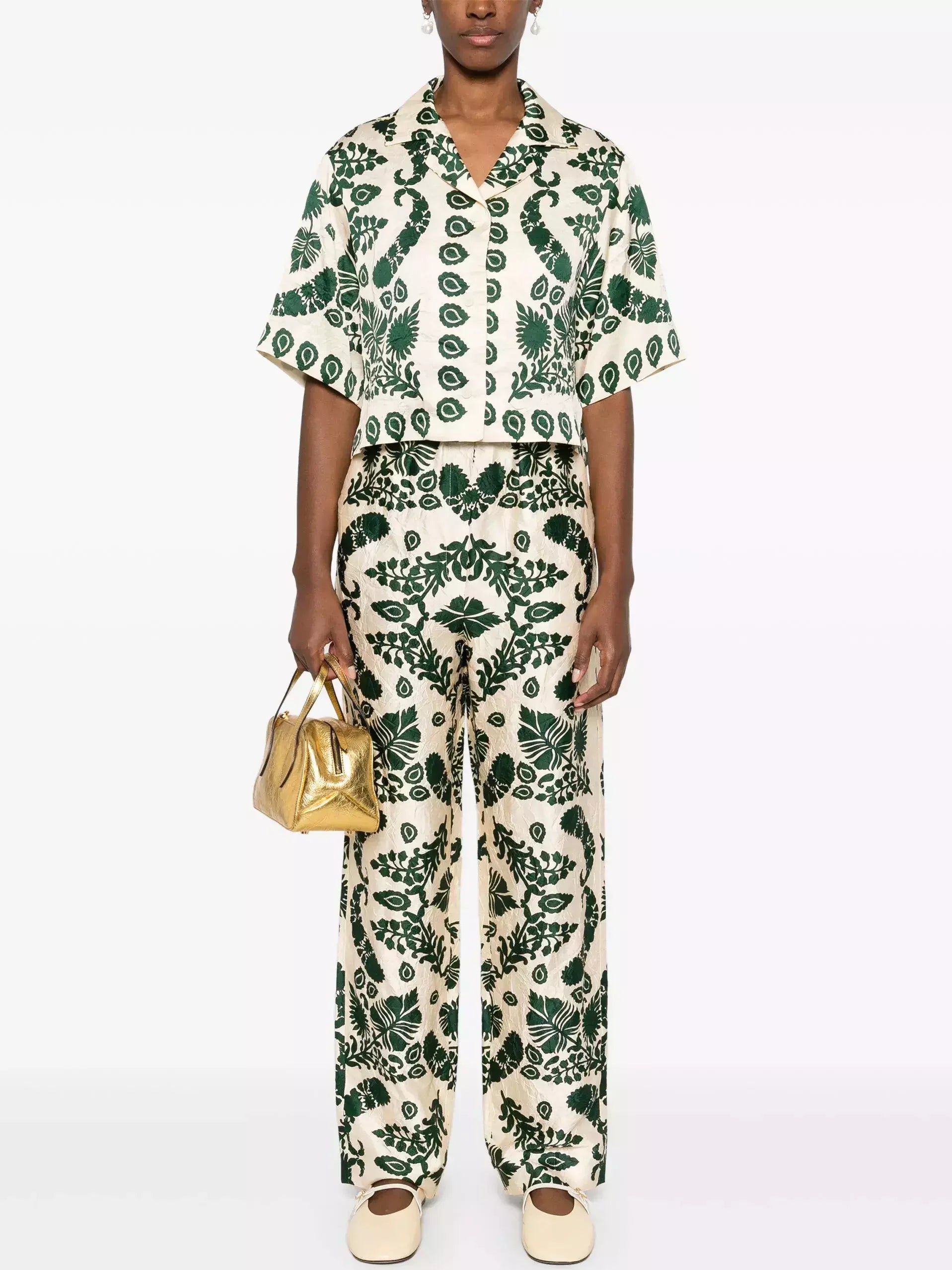 Floral Motif Cropped Short-Sleeve Shirt - Tops