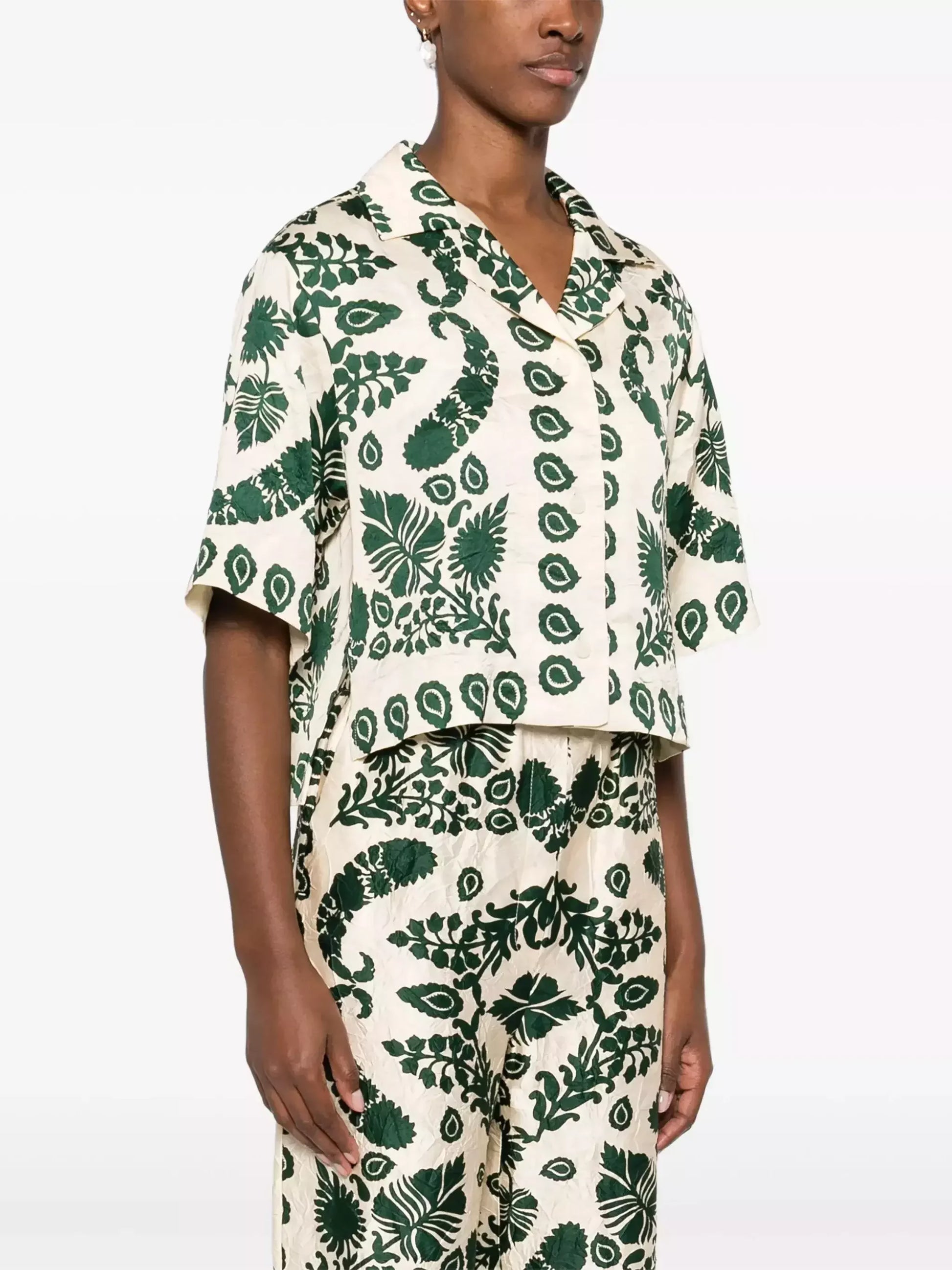 Floral Motif Cropped Short-Sleeve Shirt - Tops