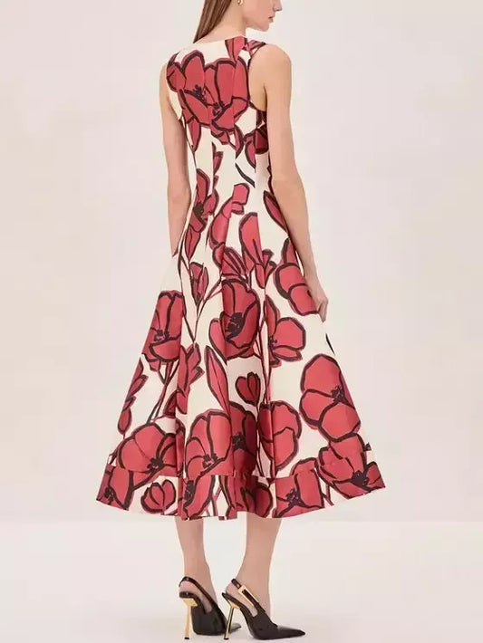 Floral Paneled Front Zip A-Line Midi Dress - Dresses