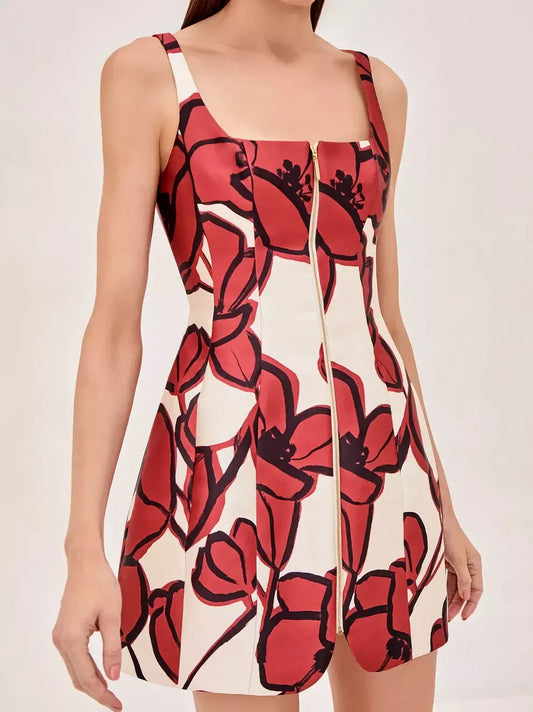 Floral Paneled Front Zip Dress in Red & White - Dresses