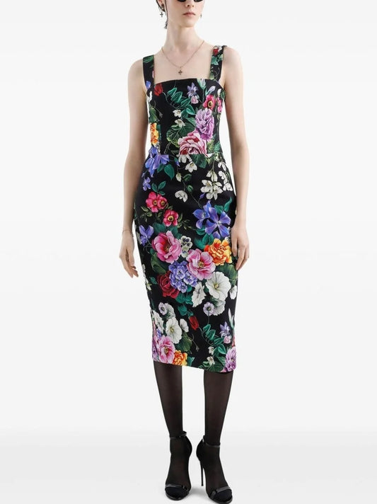 Floral Print Black Midi Sheath Dress - Dresses