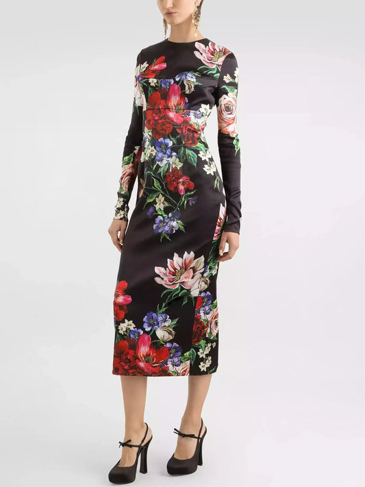 Floral-Print Black Silk Sheath Dress - Dresses