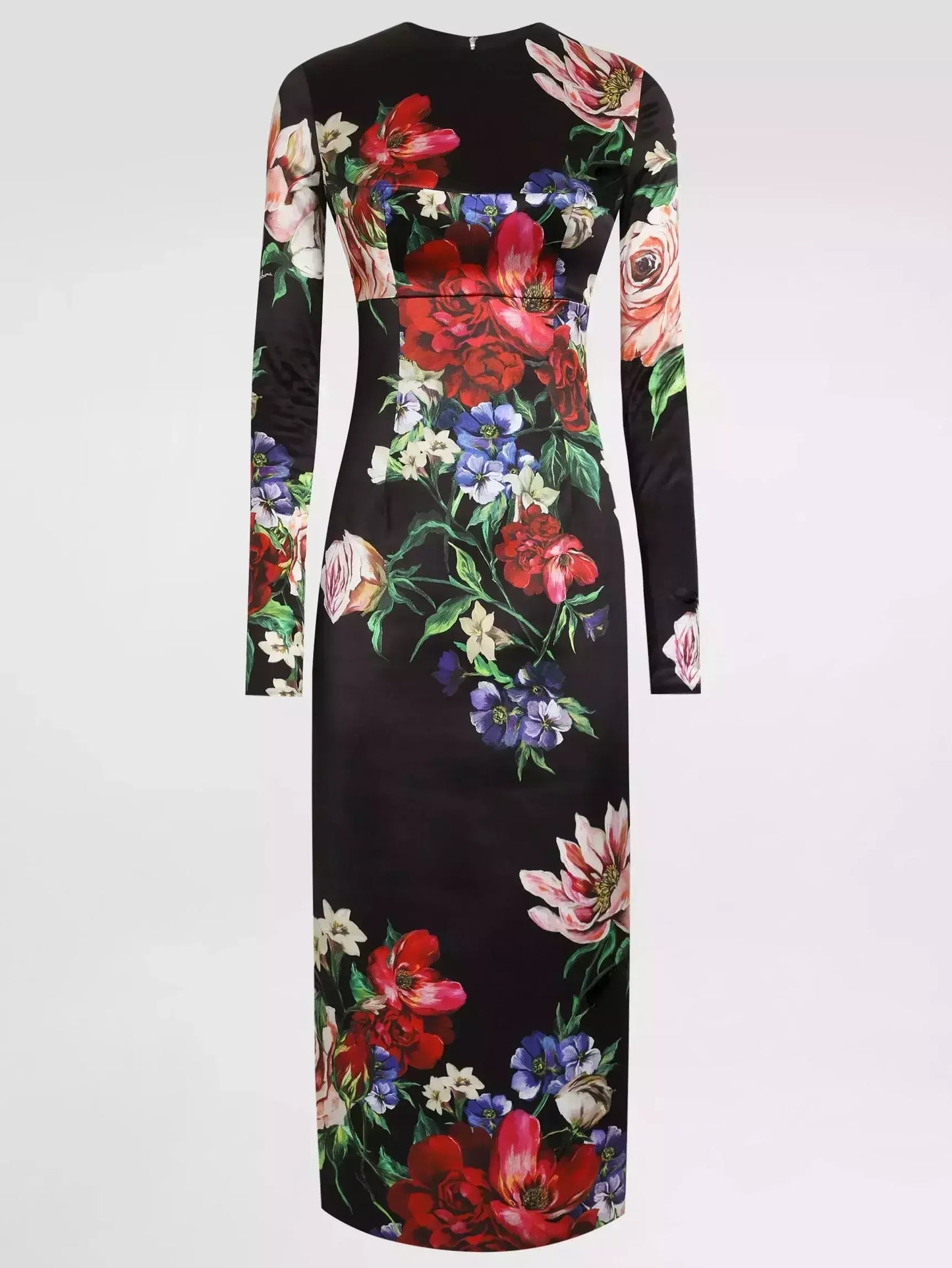 Floral-Print Black Silk Sheath Dress - S - Dresses