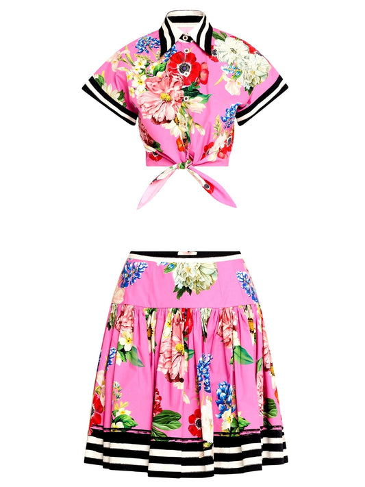 Floral Print Cropped Pink Shirt and Flared Skirt Set - Suits & Sets