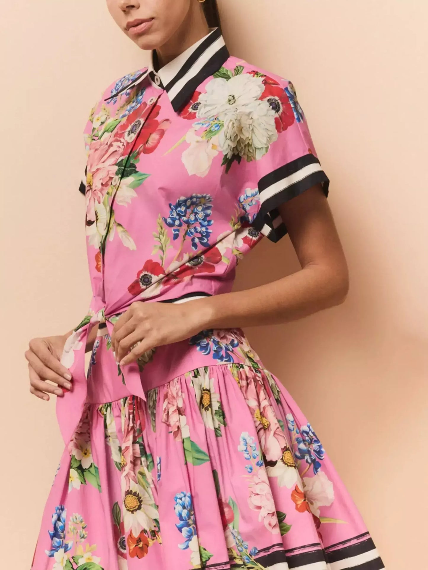 Floral Print Cropped Pink Shirt and Flared Skirt Set - Suits & Sets