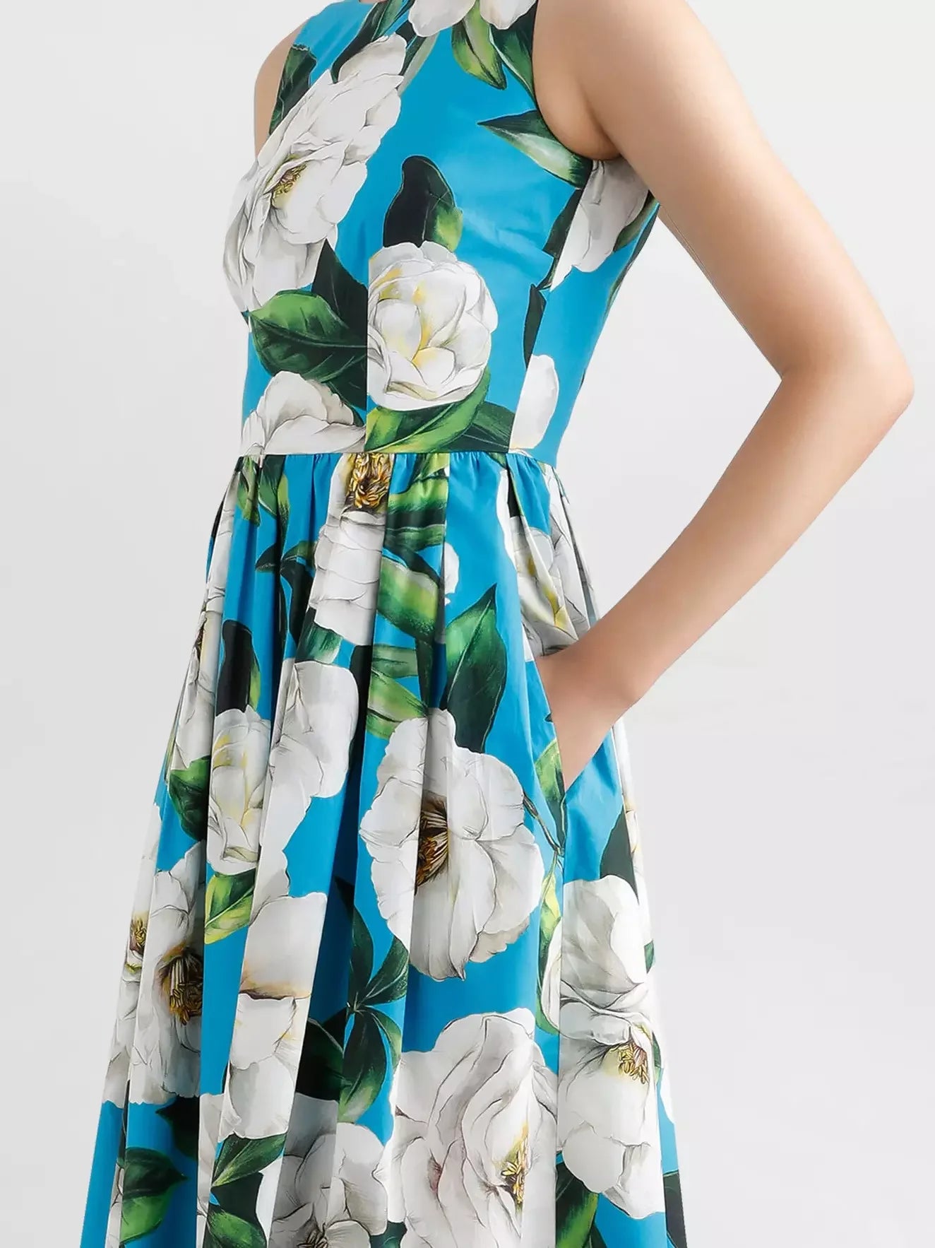 Floral Print Fit and Flare Sleeveless Cotton Dress - Dresses