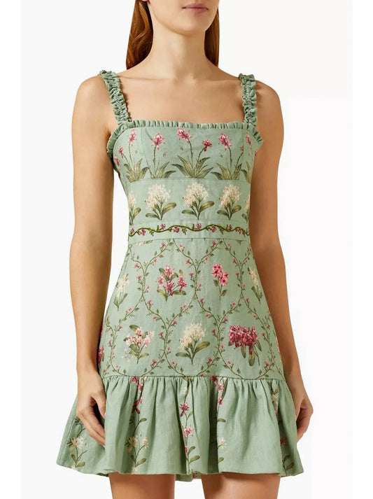Floral-Print Green Linen Mini Dress - Dresses