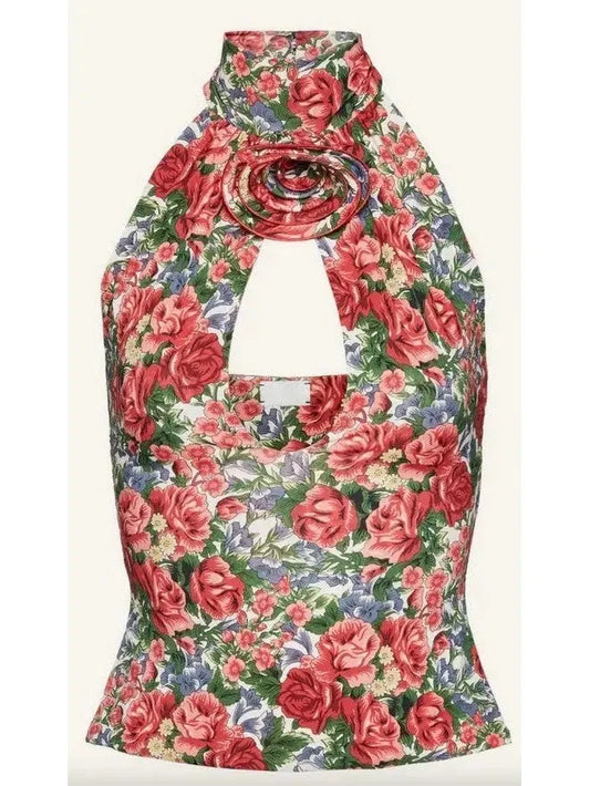 Floral Print Keyhole Halter Top and Draped Skirt Set - Suits & Sets