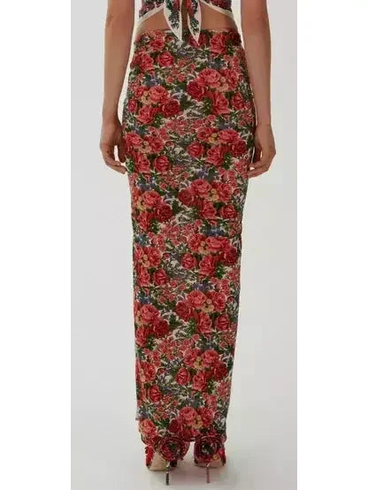 Floral Print Keyhole Halter Top and Draped Skirt Set - Suits & Sets
