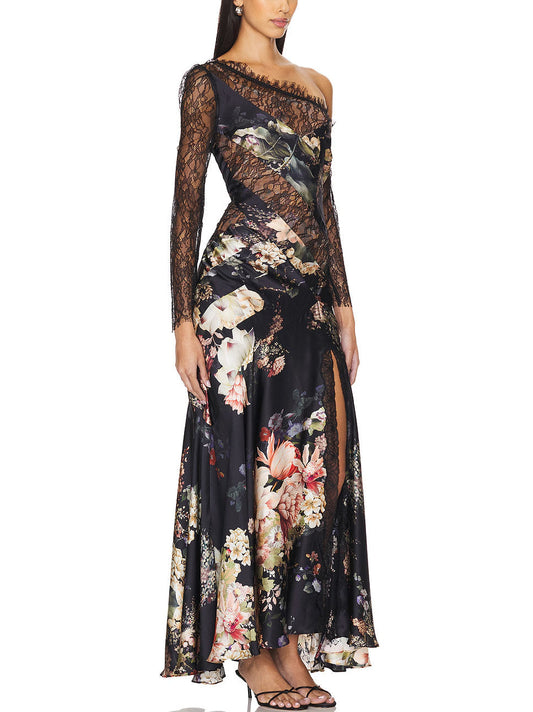 Floral-print lace-paneled one-shoulder maxi dress with elegant floral patterns