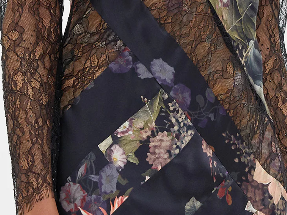 Floral-Print Lace-Paneled One-Shoulder Maxi Dress featuring intricate floral lace design