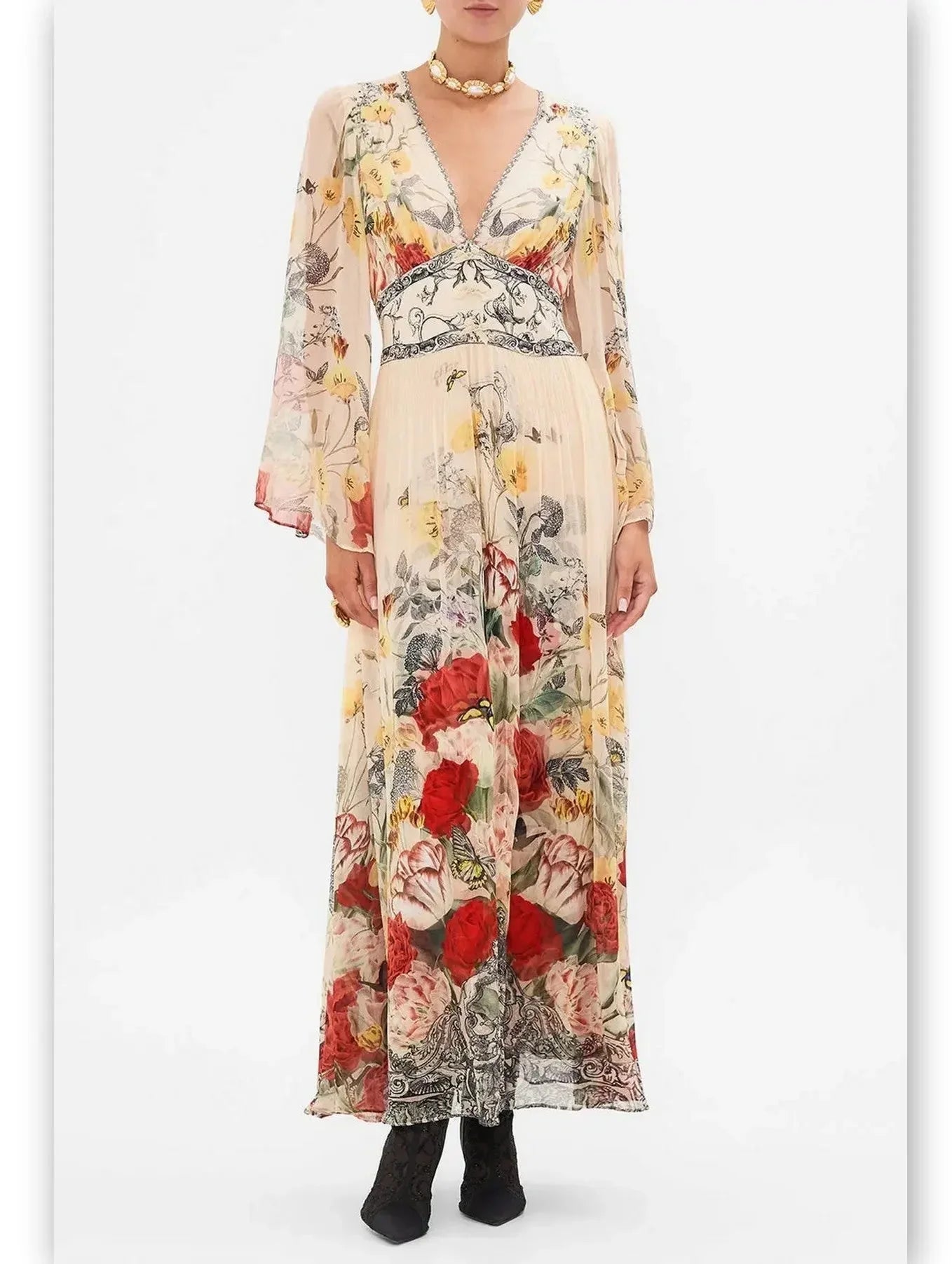 Floral-Print Long Flared Maxi Dress with Plunge V-Neck - Dresses