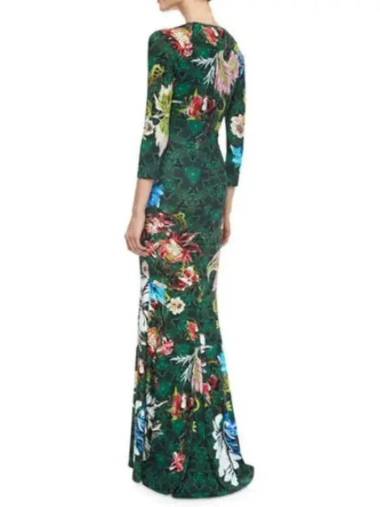 Floral Print Long Jersey Silk V-Neck Dress in Green - Dresses