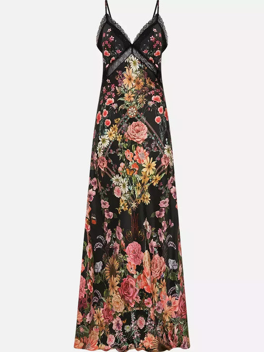 Floral Print Long Silk Slip Dress - Dresses