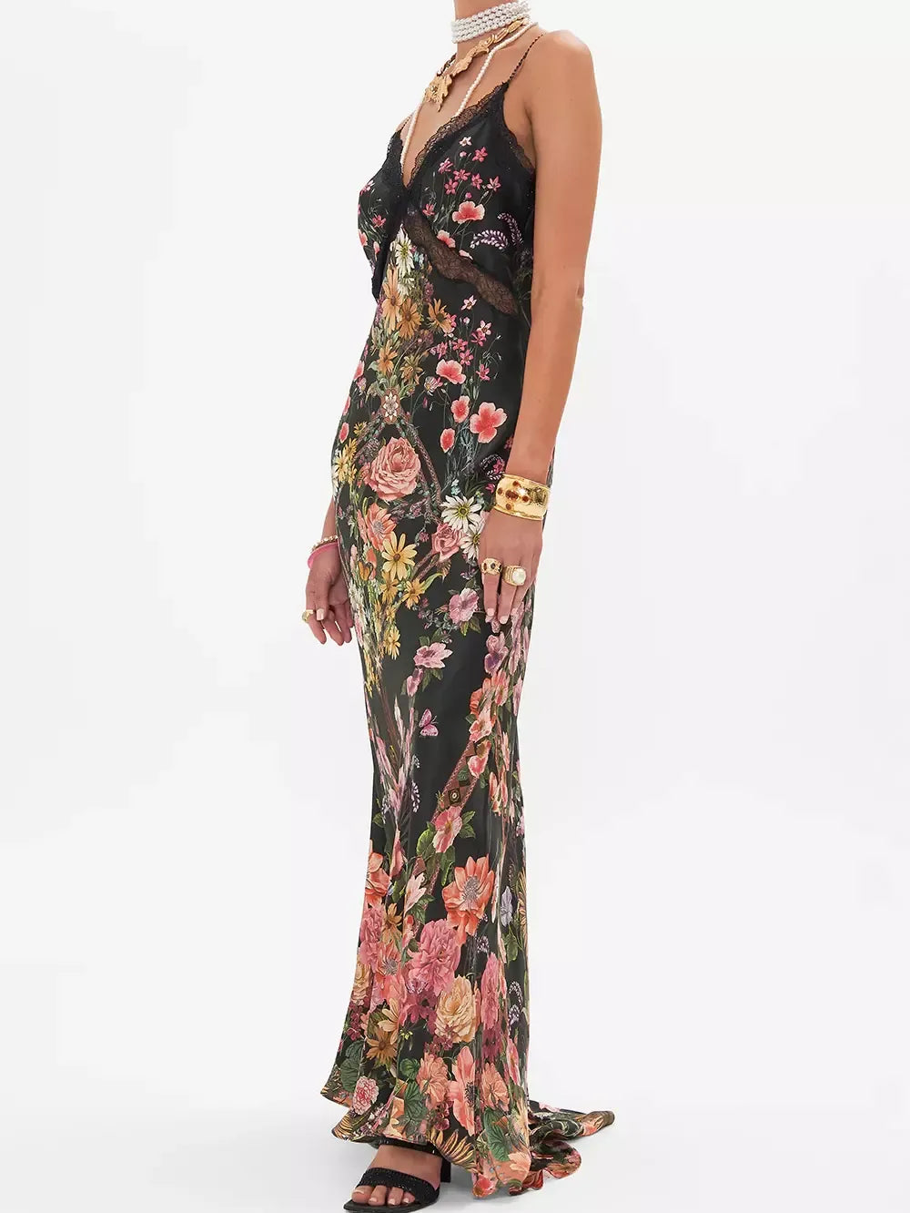 Floral Print Long Silk Slip Dress - Dresses