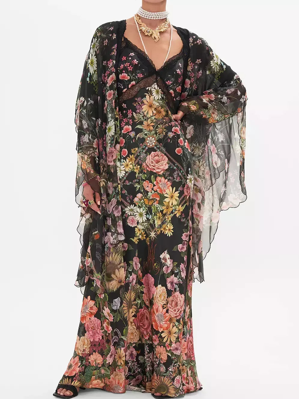 Floral Print Long Silk Slip Dress - Dresses