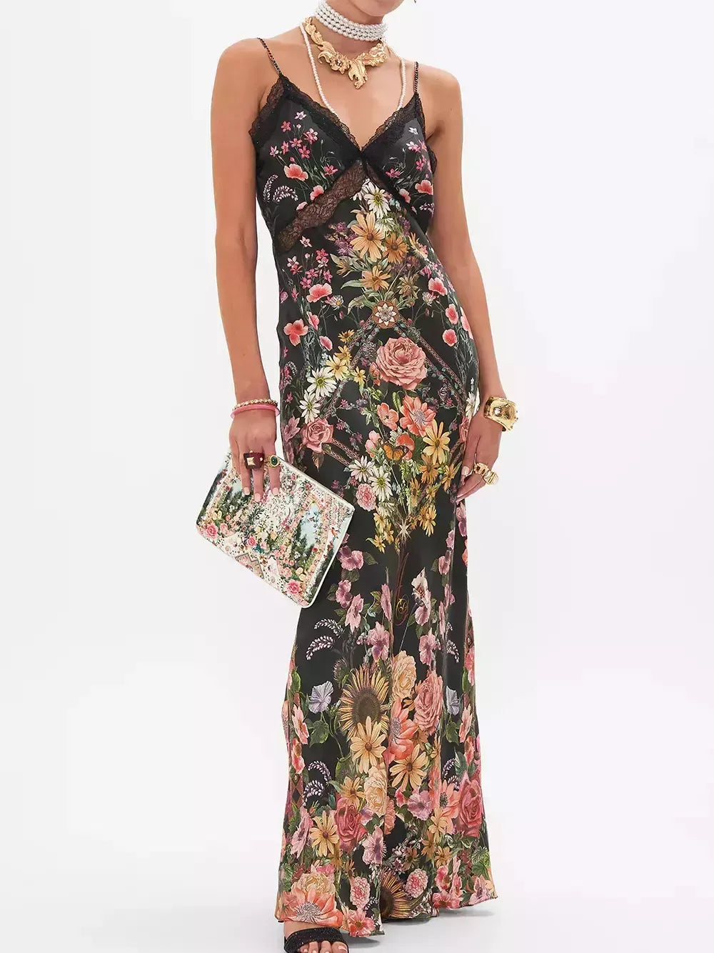Floral Print Long Silk Slip Dress - Dresses