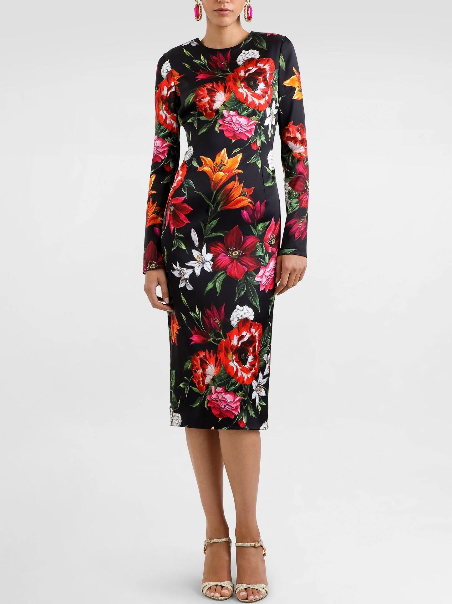 Floral Print Long-Sleeve Silk Midi Dress - Dresses