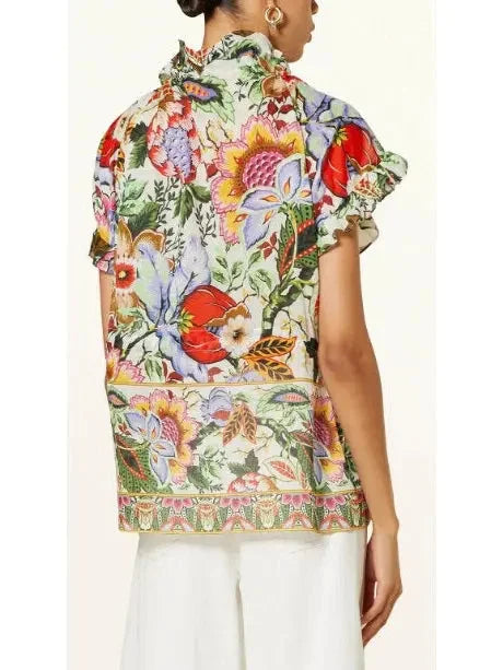 Floral Print Multicolor Drawstring Blouse with Ruffled-Trim - Tops