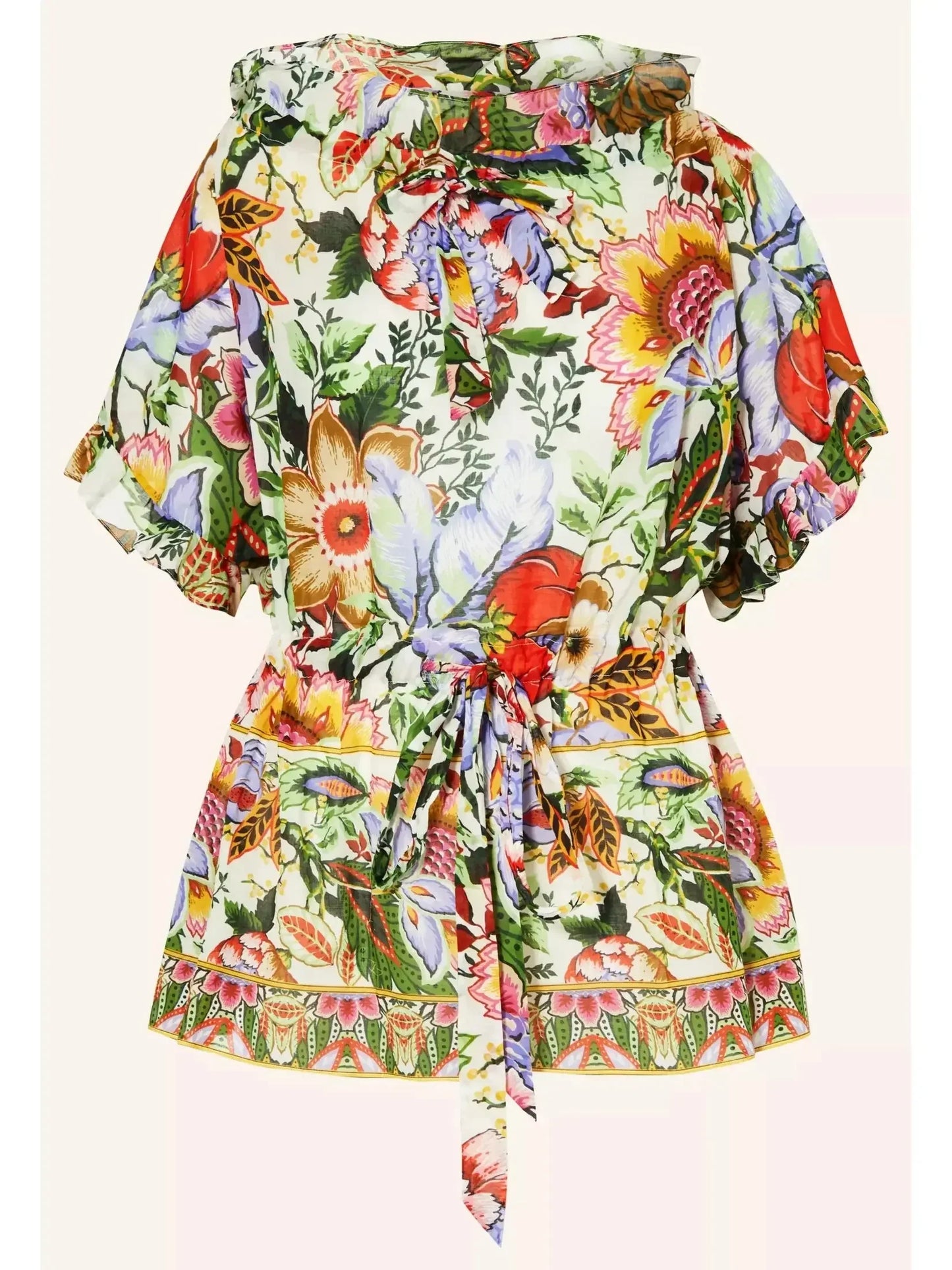 Floral Print Multicolor Drawstring Blouse with Ruffled-Trim - Tops