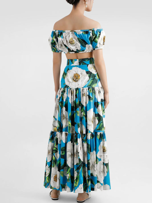 Floral Print Off-Shoulder Crop Top and Maxi Skirt Set - Suits & Sets