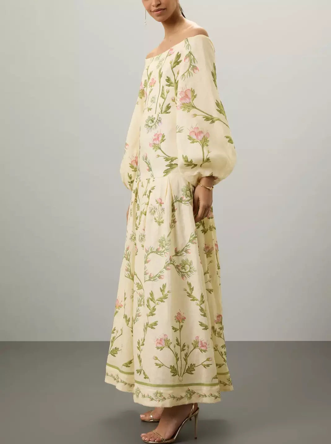Floral Print Off-The-Shoulder Linen Maxi Dress showcasing a vibrant floral design
