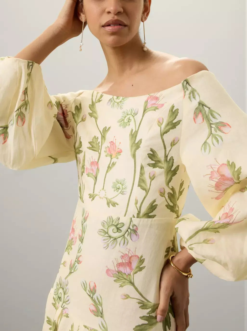 Floral Print Off-The-Shoulder Linen Maxi Dress showcasing vibrant floral design