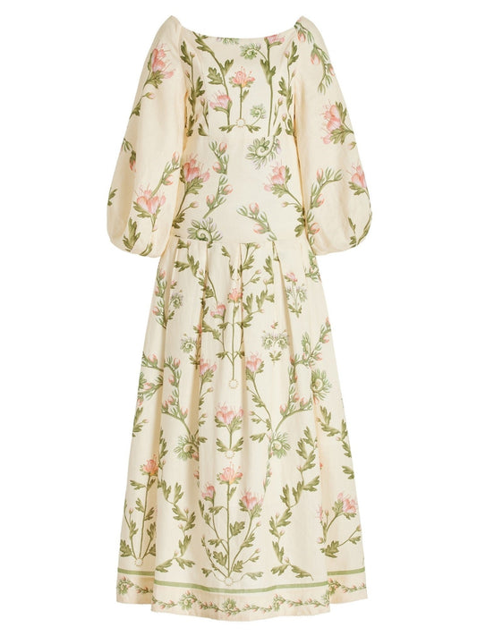 Floral-patterned long-sleeved dress featuring floral print off-the-shoulder style