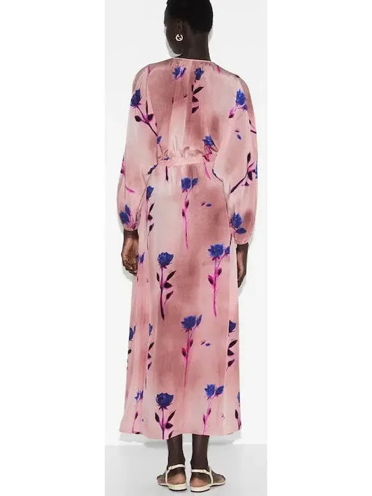 Floral Print Pink Silk Crêpe De Chine Dress - Dresses