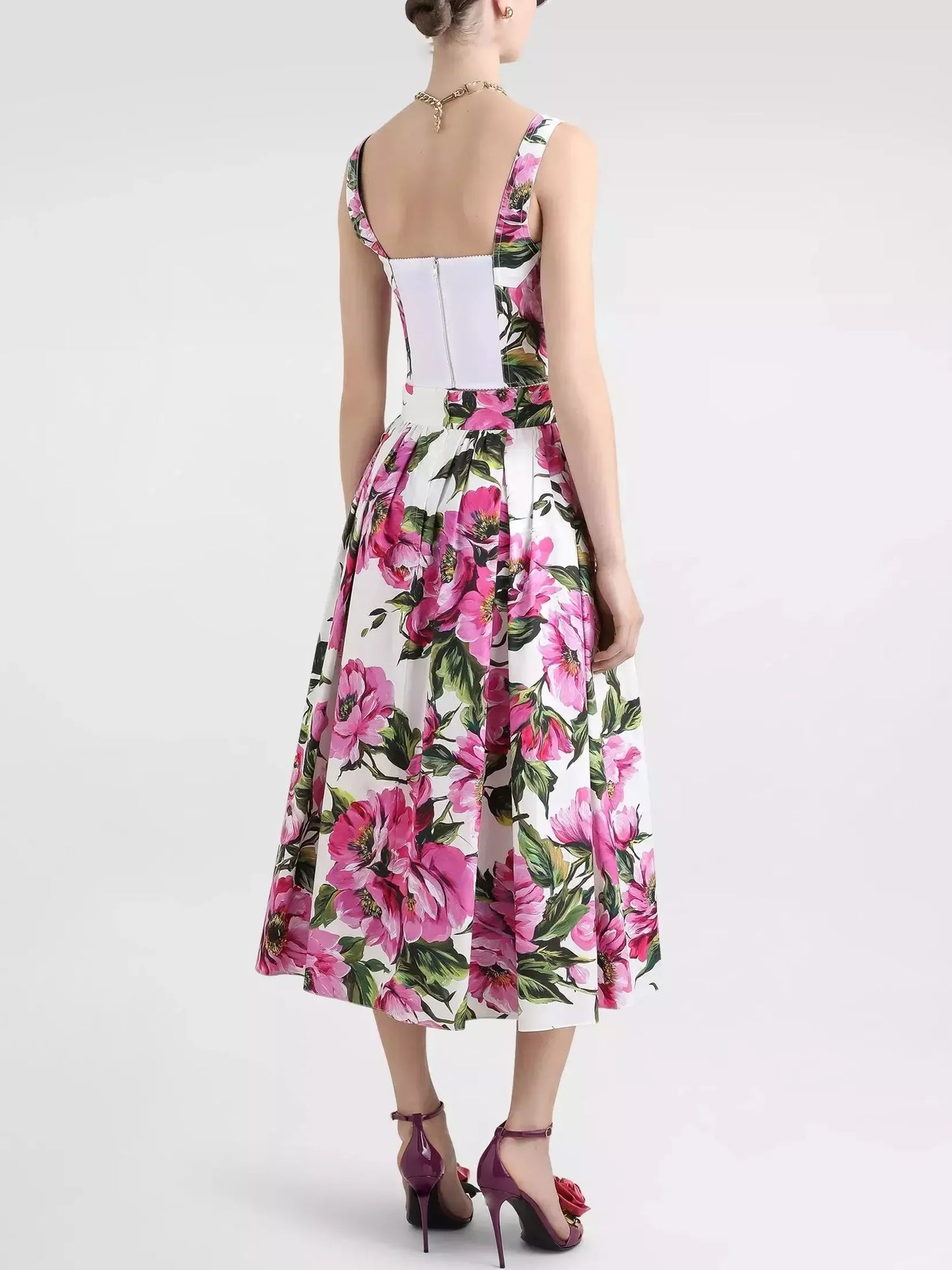 Floral Print Pleated Cotton Midi Skirt - Skirts