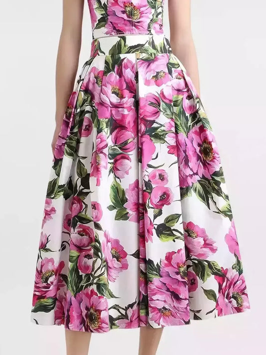 Floral Print Pleated Cotton Midi Skirt - Skirts